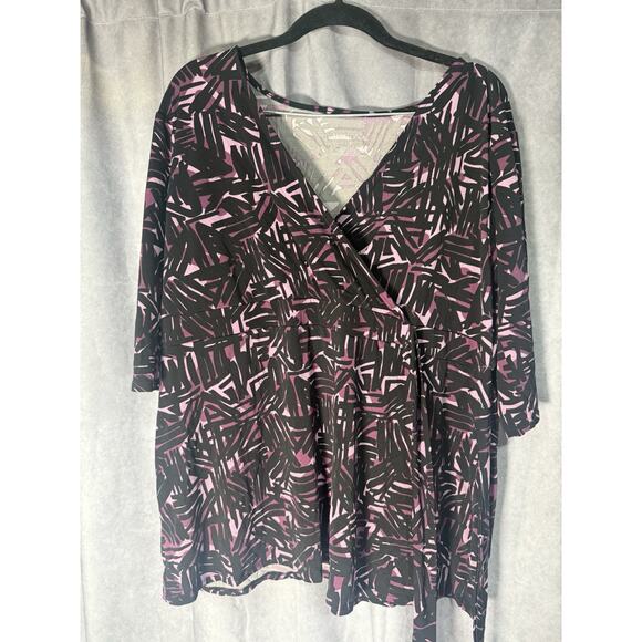 Merona Graphic Print Faux Wrap Shirt Womens Sz 2XL Stretch Purple And Black - Picture 1 of 2